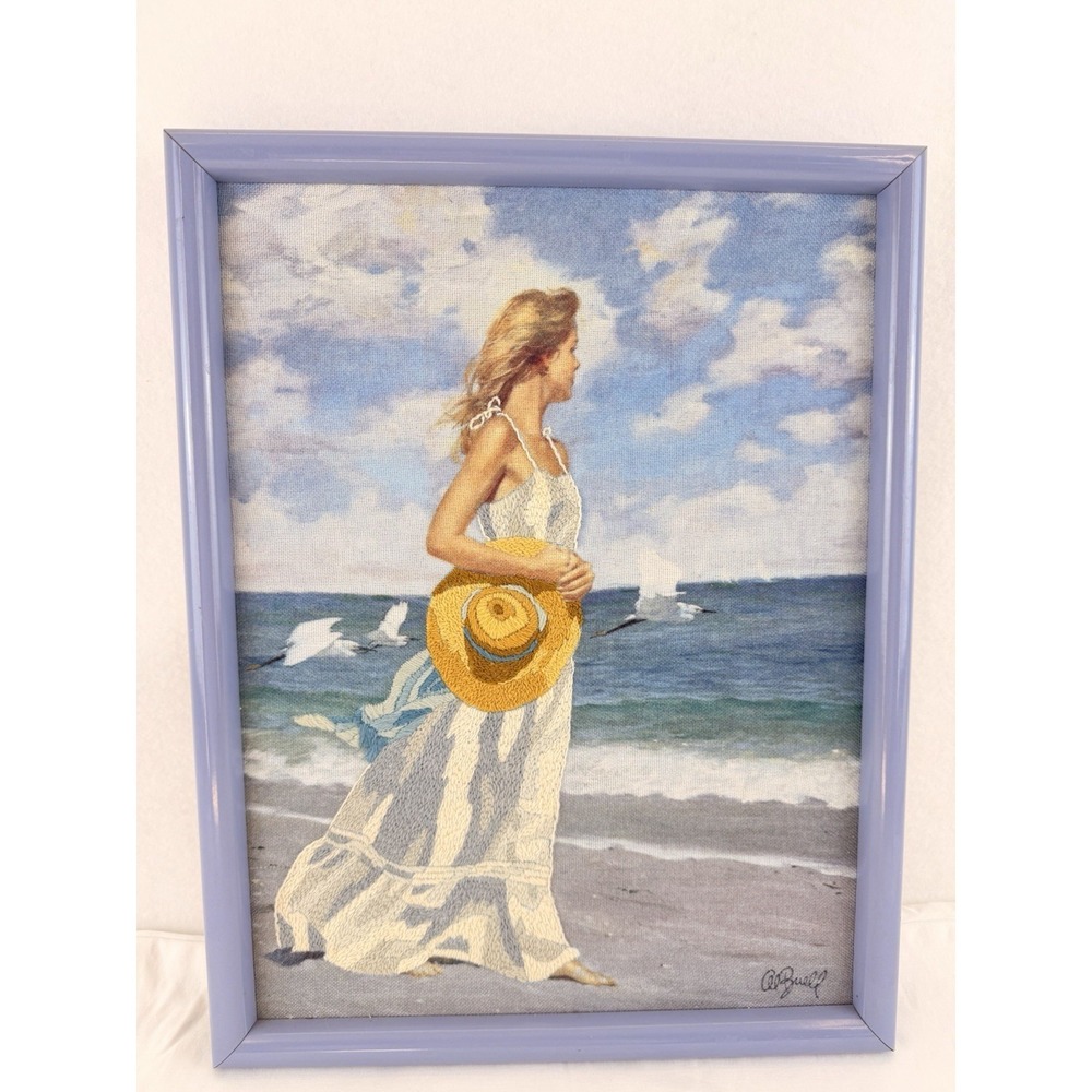 A.L. Buell Signed Embroidered Coastal Textile Art Beach Woman Needlepoint Framed